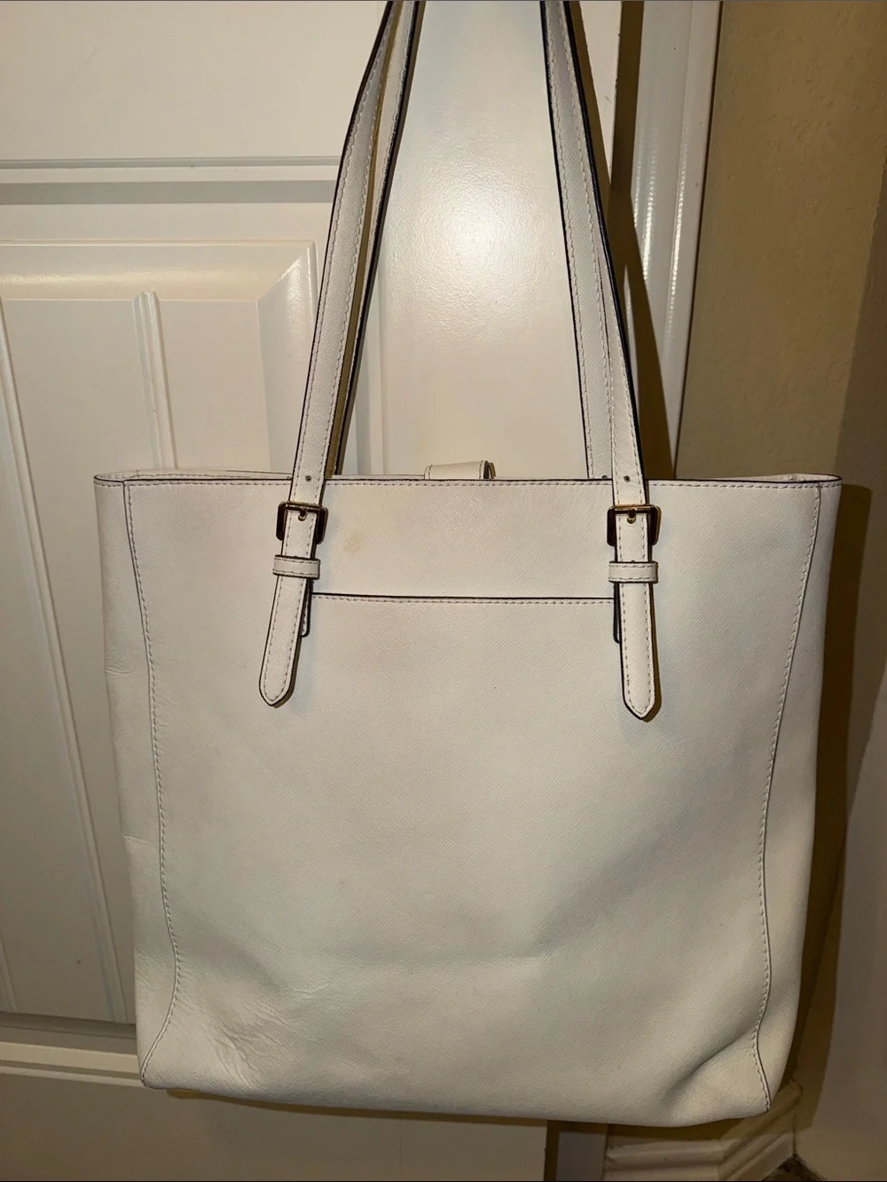 Michael Kors White Leather Tote with Gold MK Emblem